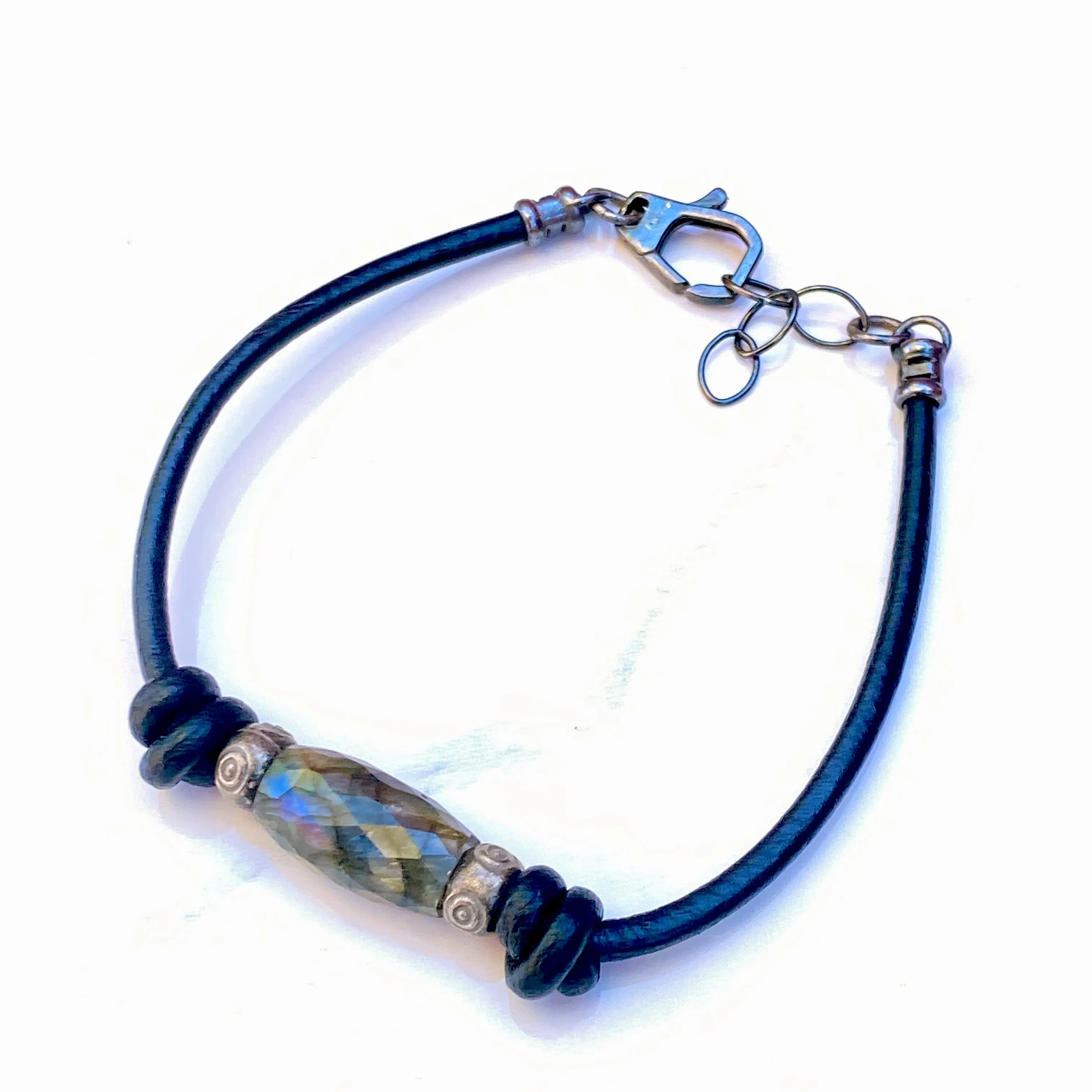 Labradorite gemstone, Sterling Silver Eyes, Leather Bracelet