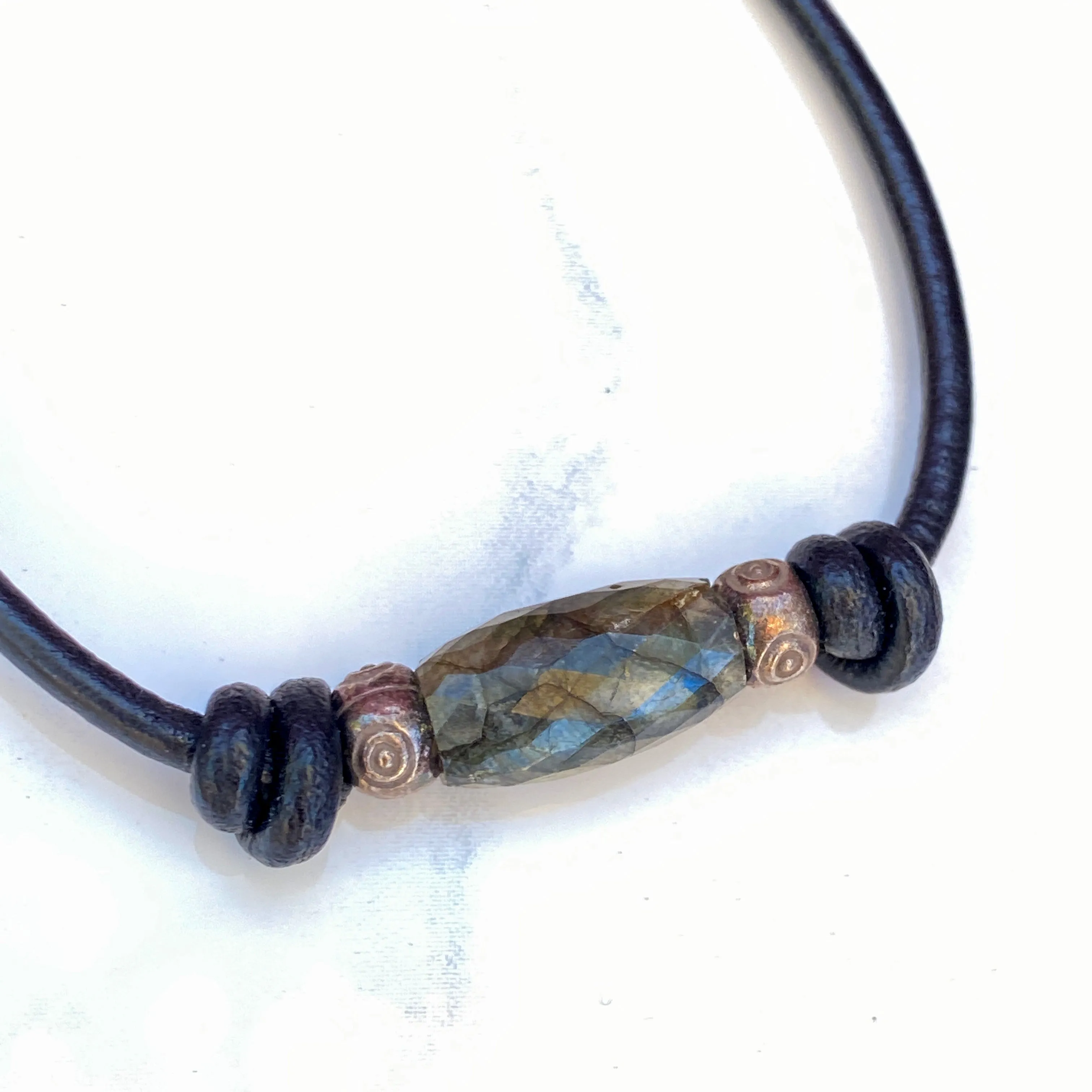 Labradorite gemstone, Sterling Silver Eyes, Leather Bracelet