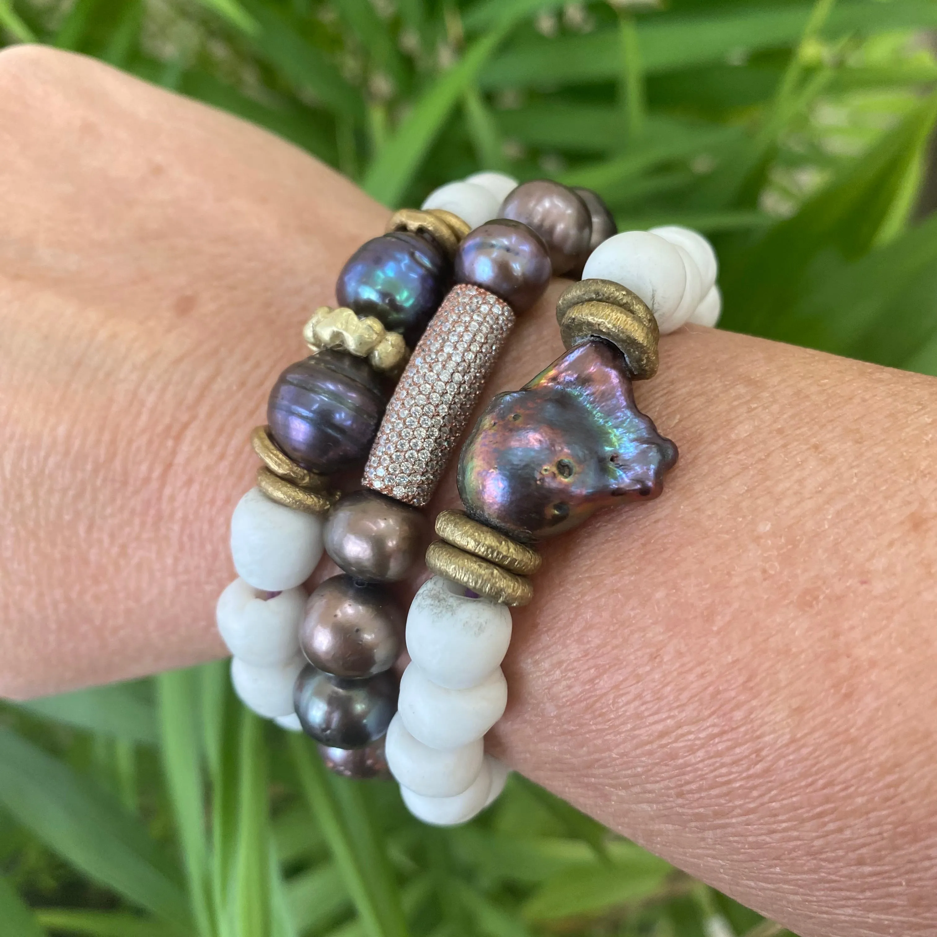 Large Baroque Pearl Bracelet & Coral White African Tribal Recycled Glass Bracelet