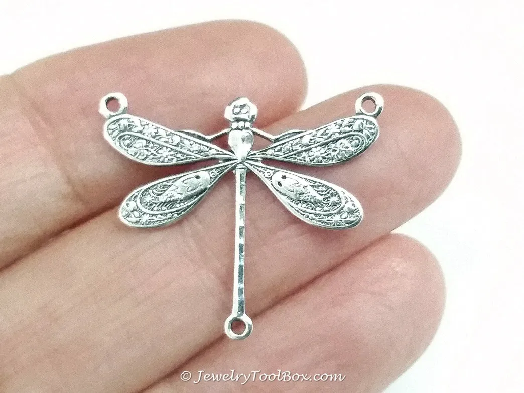 Large Silver Dragonfly Pendant Connector Charm, 3 Loop, Antique Sterling Silver Plated Brass, Lot Size 10, #06S