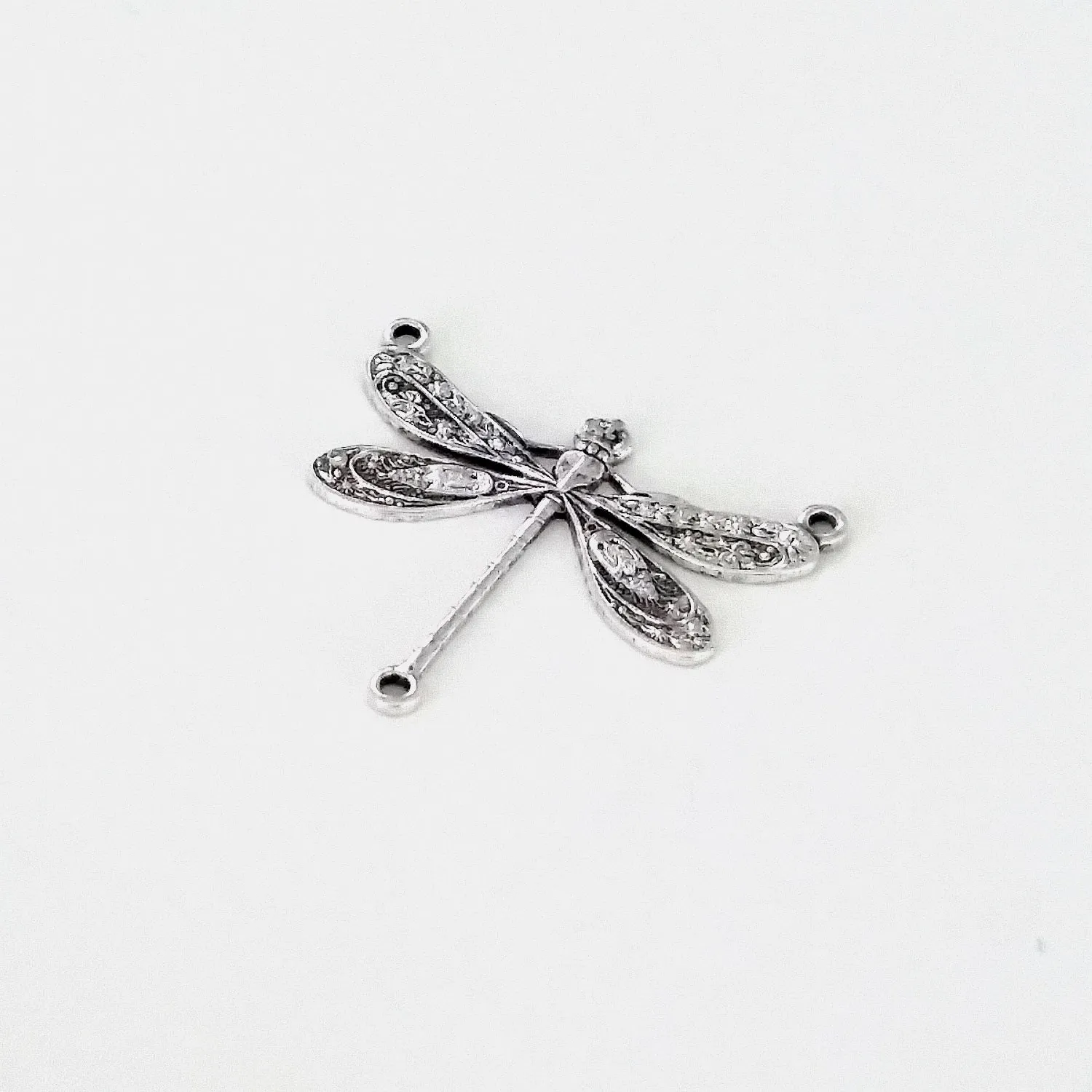 Large Silver Dragonfly Pendant Connector Charm, 3 Loop, Antique Sterling Silver Plated Brass, Lot Size 10, #06S