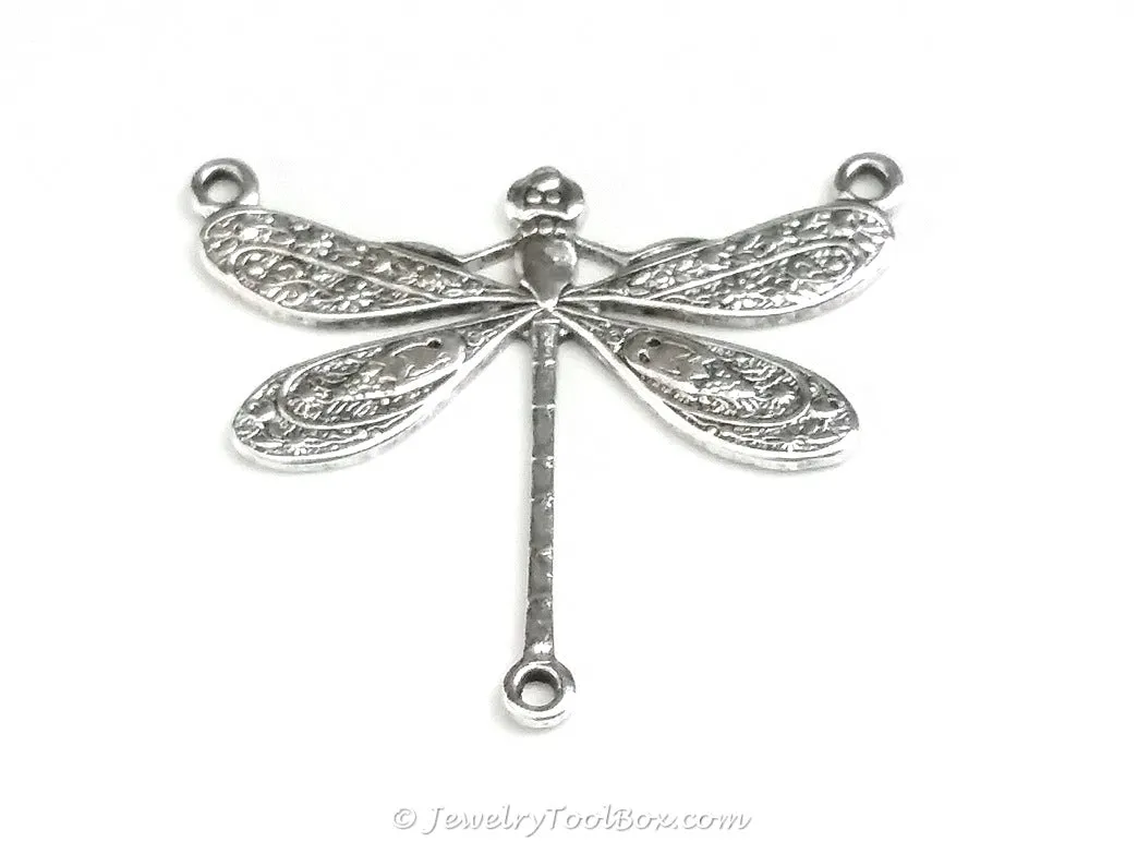 Large Silver Dragonfly Pendant Connector Charm, 3 Loop, Antique Sterling Silver Plated Brass, Lot Size 10, #06S