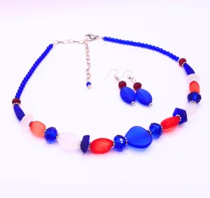 Made in USA Red, White, and Blue Seaglass Necklace and Earrings Set