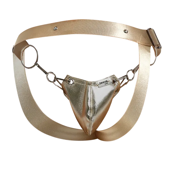 Male Basics Dngeon Snap Ring Mounted Penis Cup Jockstrap Gold Mirror One Size