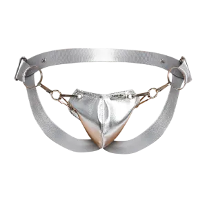 Male Basics Dngeon Snap Ring Mounted Penis Cup Jockstrap Silver Mirror One Size