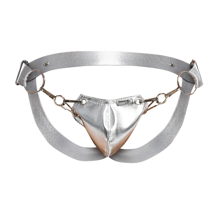 Male Basics Dngeon Snap Ring Mounted Penis Cup Jockstrap Silver Mirror One Size