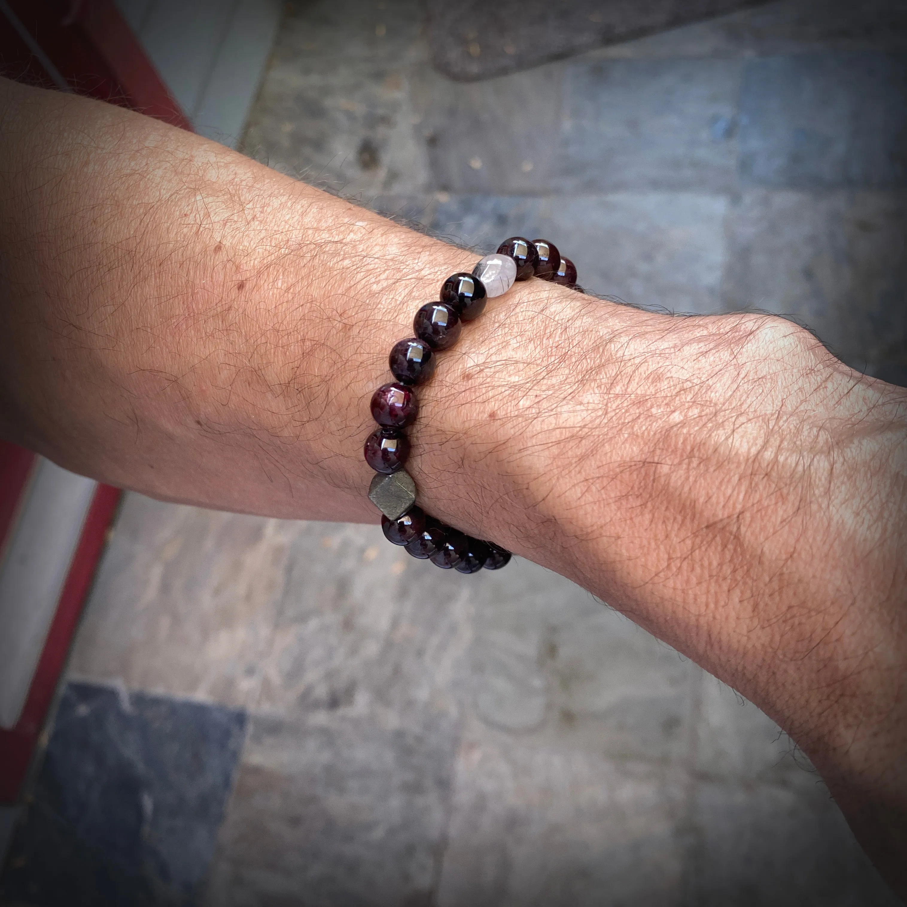 Men's Garnet, Ruitlated Quartz, and Pyrite Gemstone Bracelet