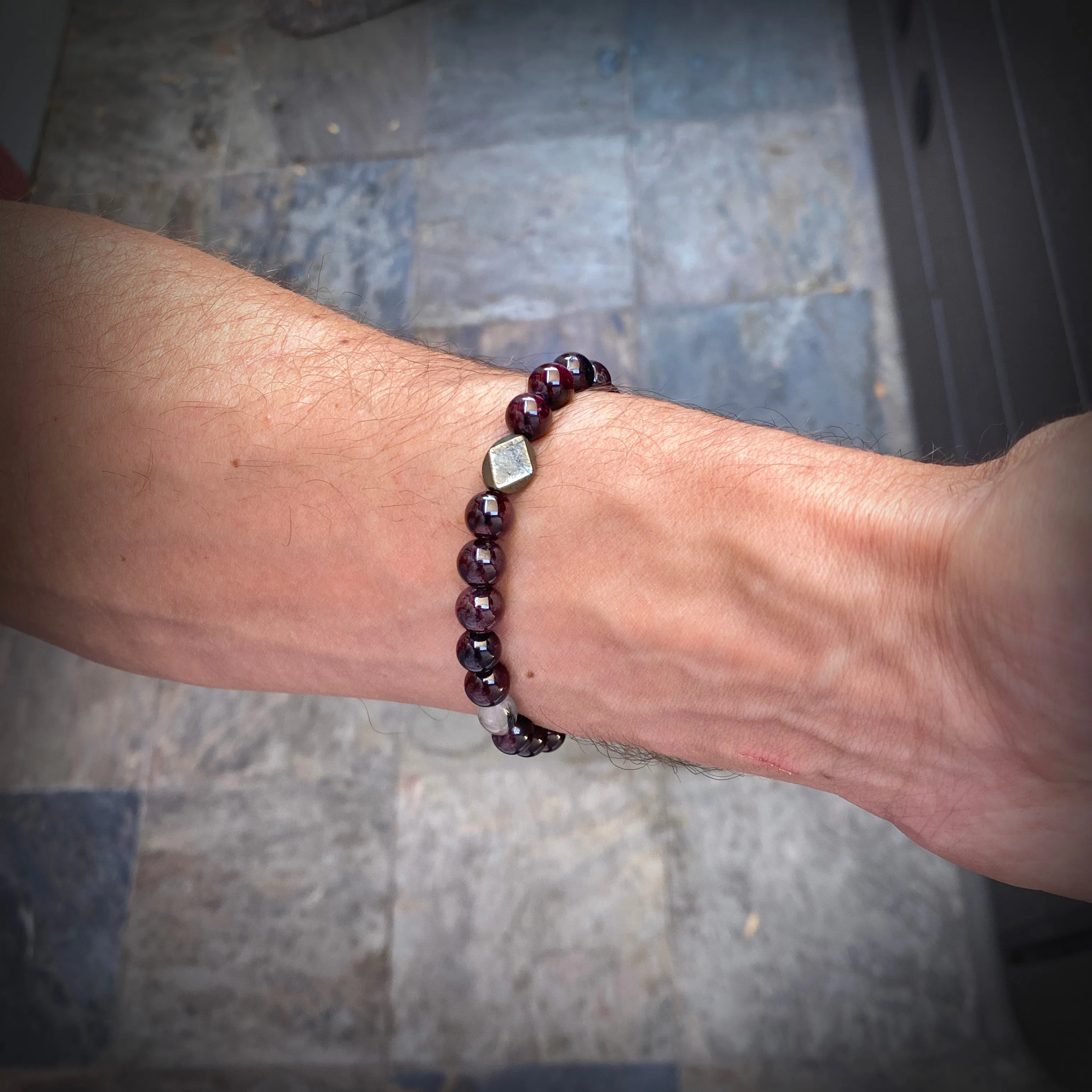 Men's Garnet, Ruitlated Quartz, and Pyrite Gemstone Bracelet