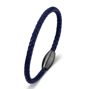 Mens leather stainless steel bracelet Navy Blue weave