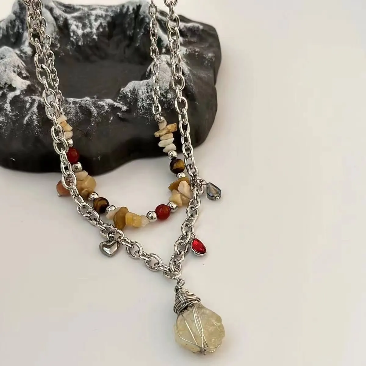 Mineral Stone Double Chain Boho Pedant Necklace