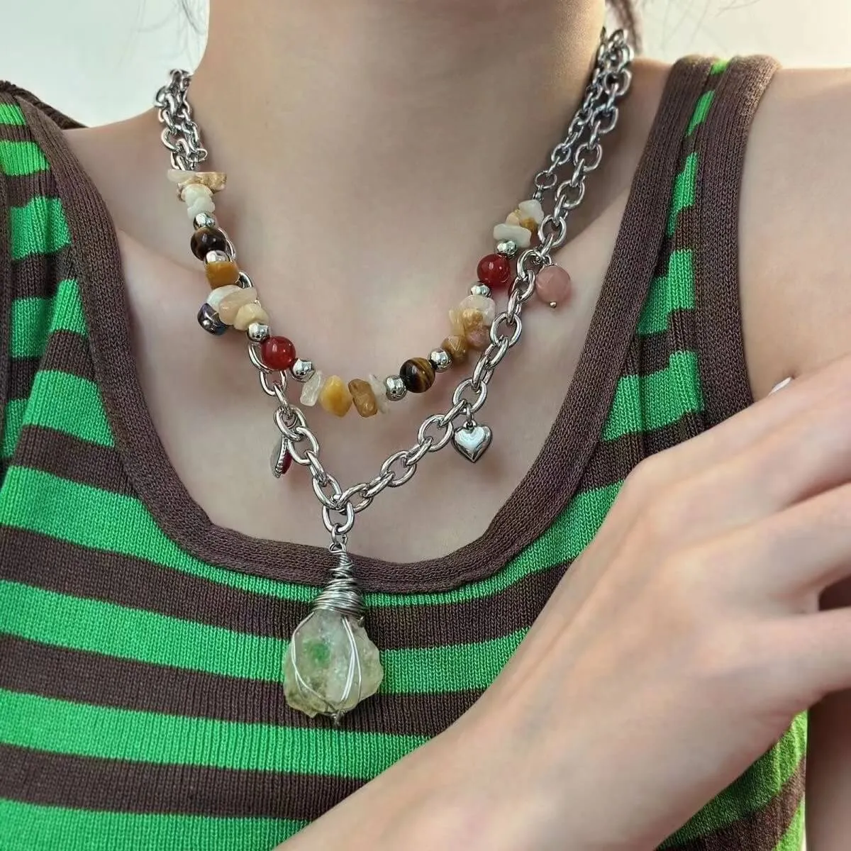 Mineral Stone Double Chain Boho Pedant Necklace