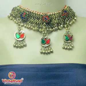 Multicolor Glass Stones Silver Kuchi Bells Jewelry Set