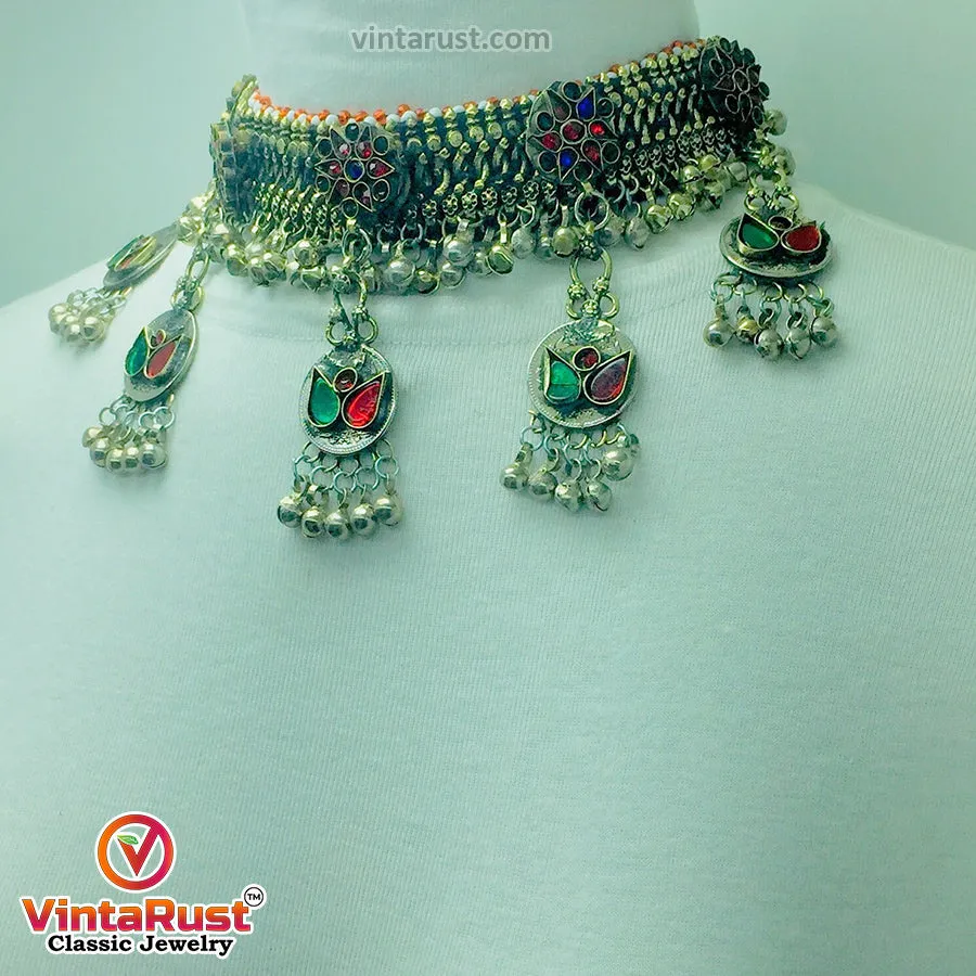 Multicolor Glass Stones Silver Kuchi Bells Jewelry Set