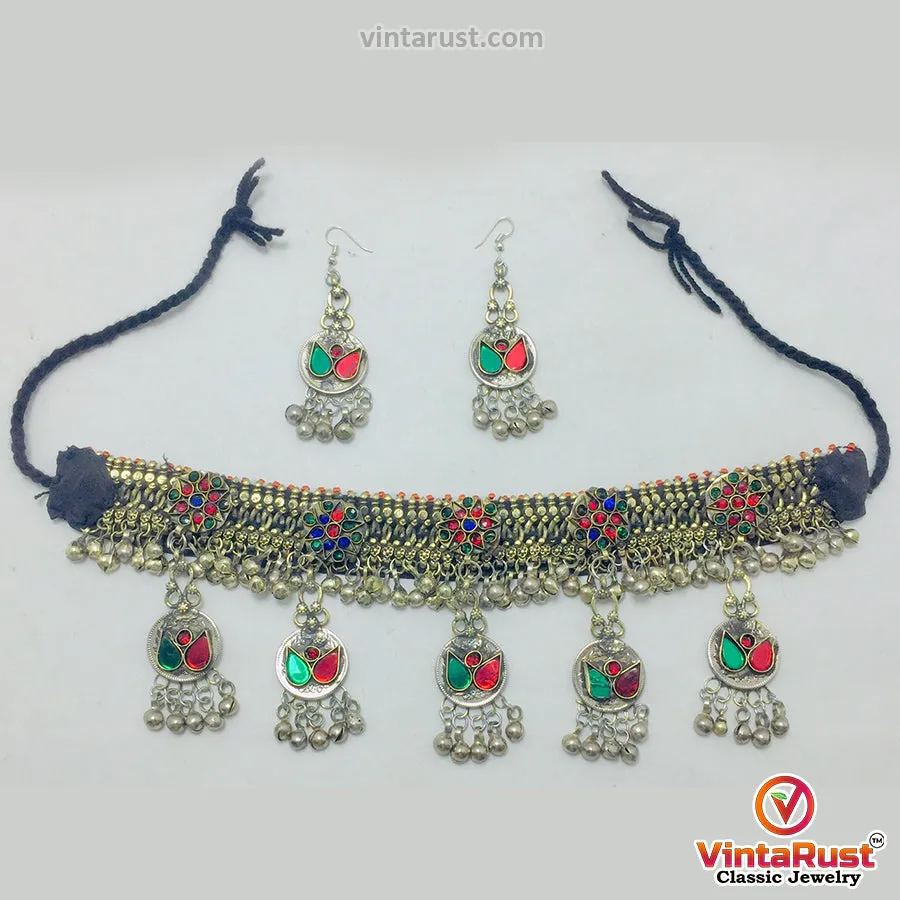 Multicolor Glass Stones Silver Kuchi Bells Jewelry Set