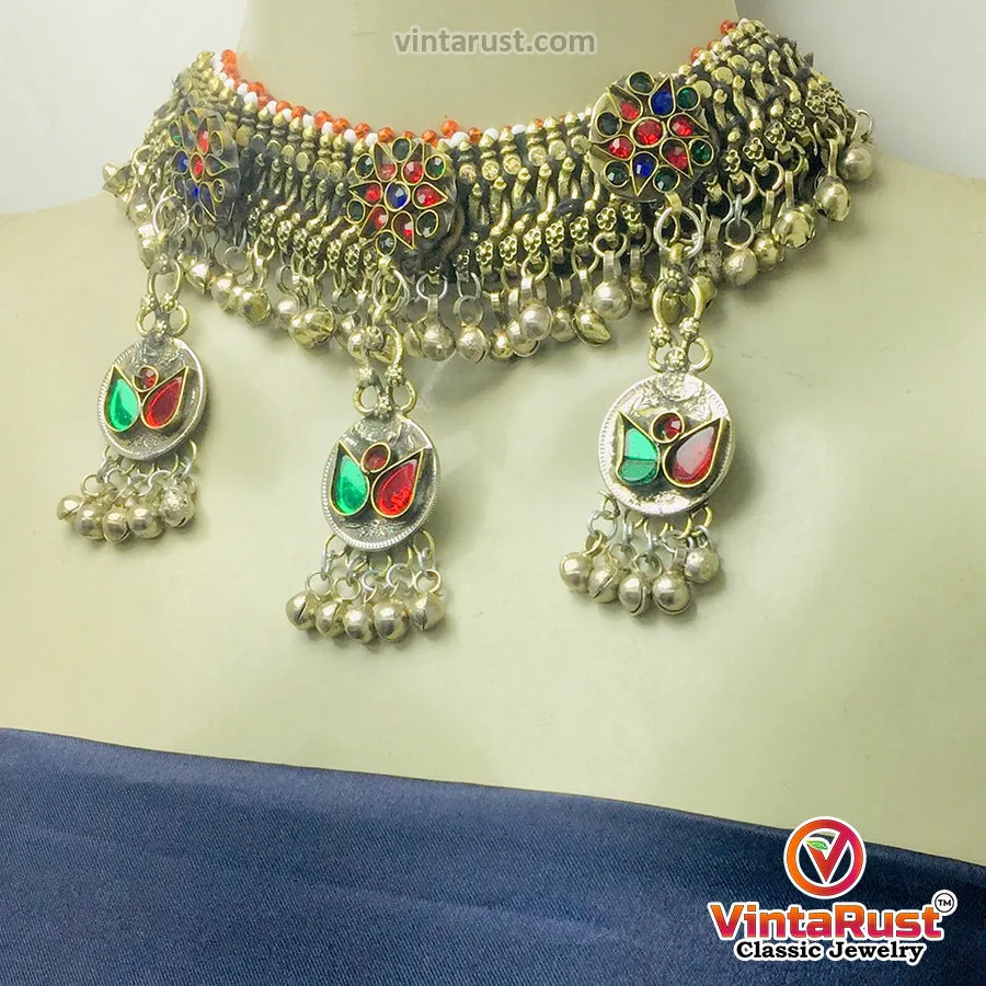 Multicolor Glass Stones Silver Kuchi Bells Jewelry Set