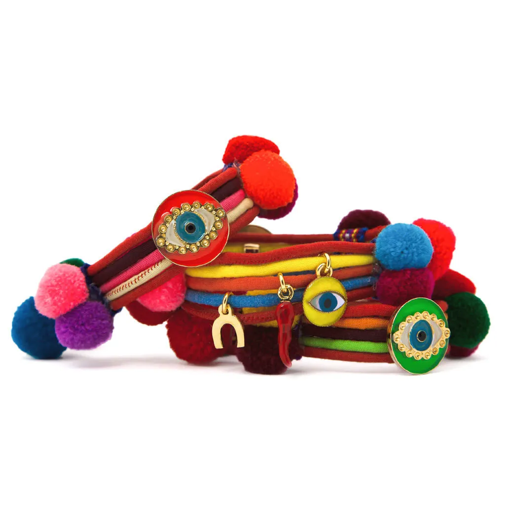 Neon Evil Eye Lucky Charm Pompom Bracelet