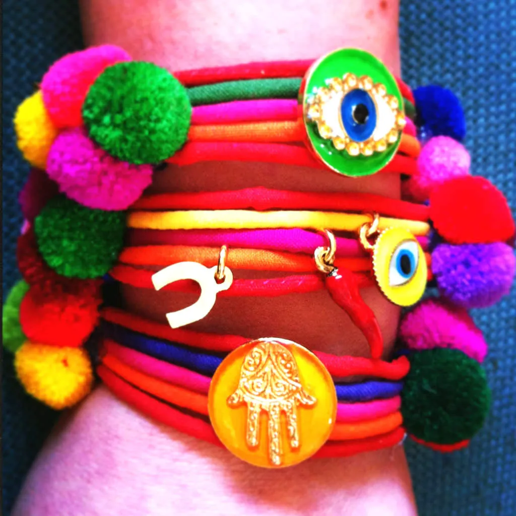 Neon Evil Eye Lucky Charm Pompom Bracelet