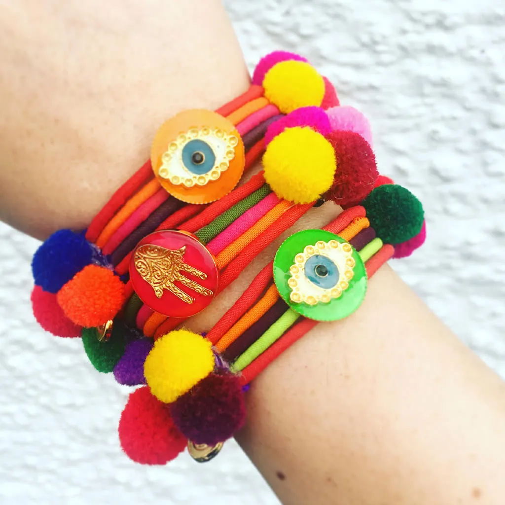 Neon Evil Eye Lucky Charm Pompom Bracelet