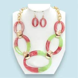 Pink and Green Oval Link Statement Necklace Set - Bold, Chic, and Elegant