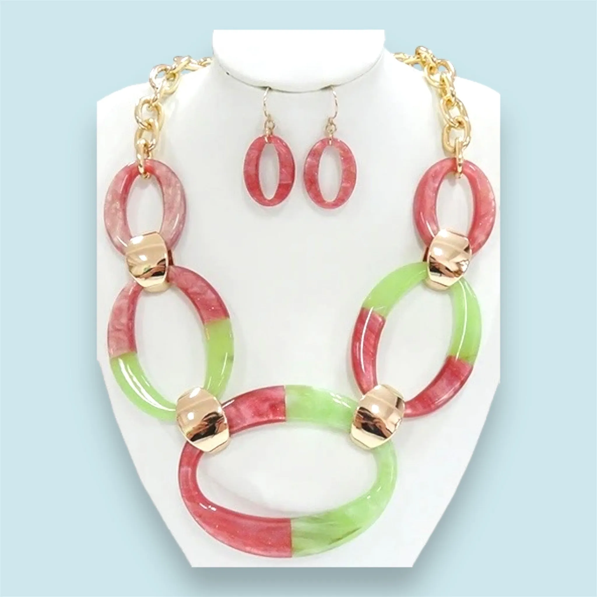 Pink and Green Oval Link Statement Necklace Set - Bold, Chic, and Elegant