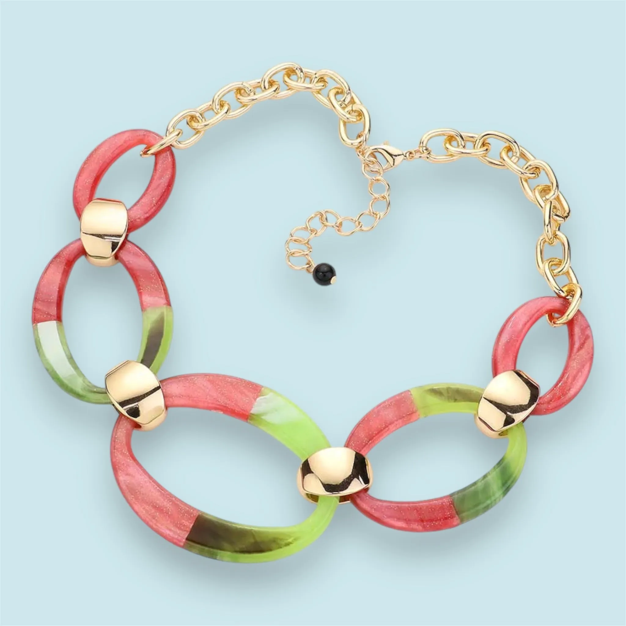 Pink and Green Oval Link Statement Necklace Set - Bold, Chic, and Elegant