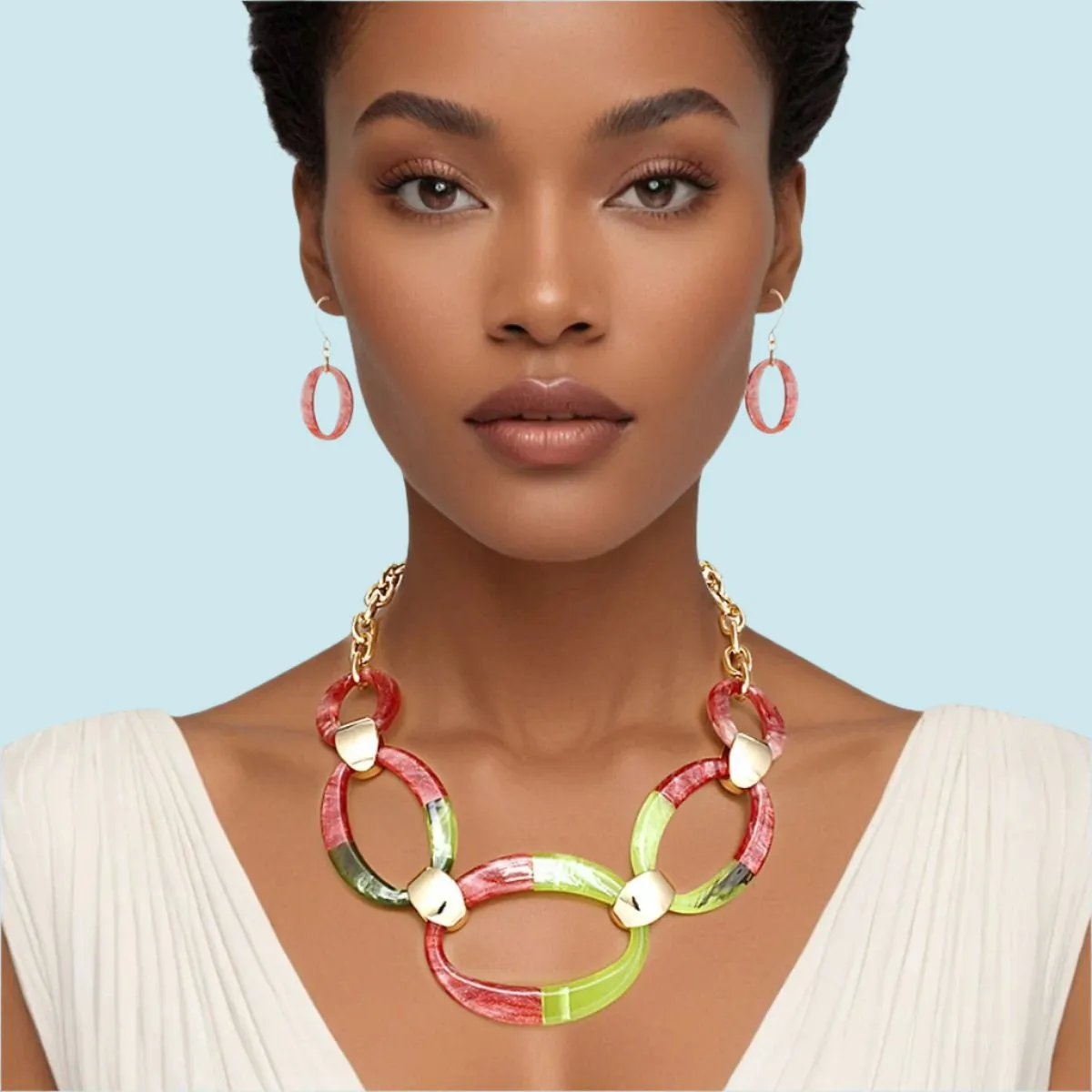 Pink and Green Oval Link Statement Necklace Set - Bold, Chic, and Elegant