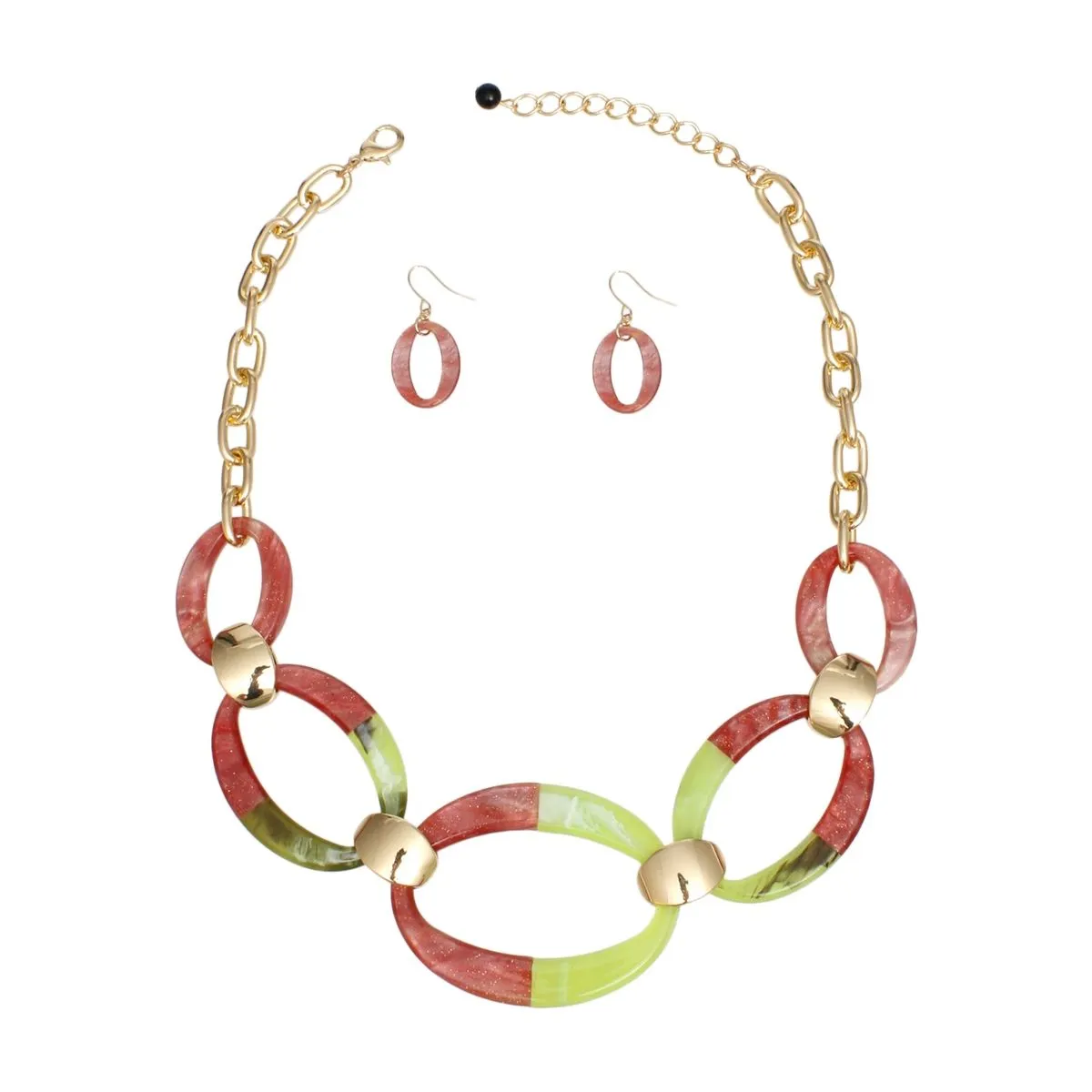 Pink and Green Oval Link Statement Necklace Set - Bold, Chic, and Elegant