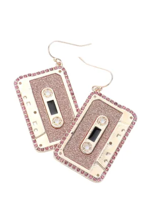 Rhinestone Music Cassette Dangle Earrings