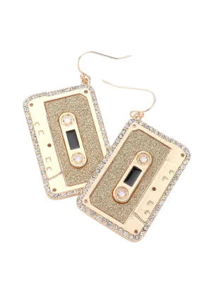 Rhinestone Music Cassette Dangle Earrings