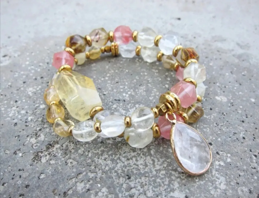 Rose Quartz, Citrine, Clear Quartz - Love and Happiness Mala Bracelet