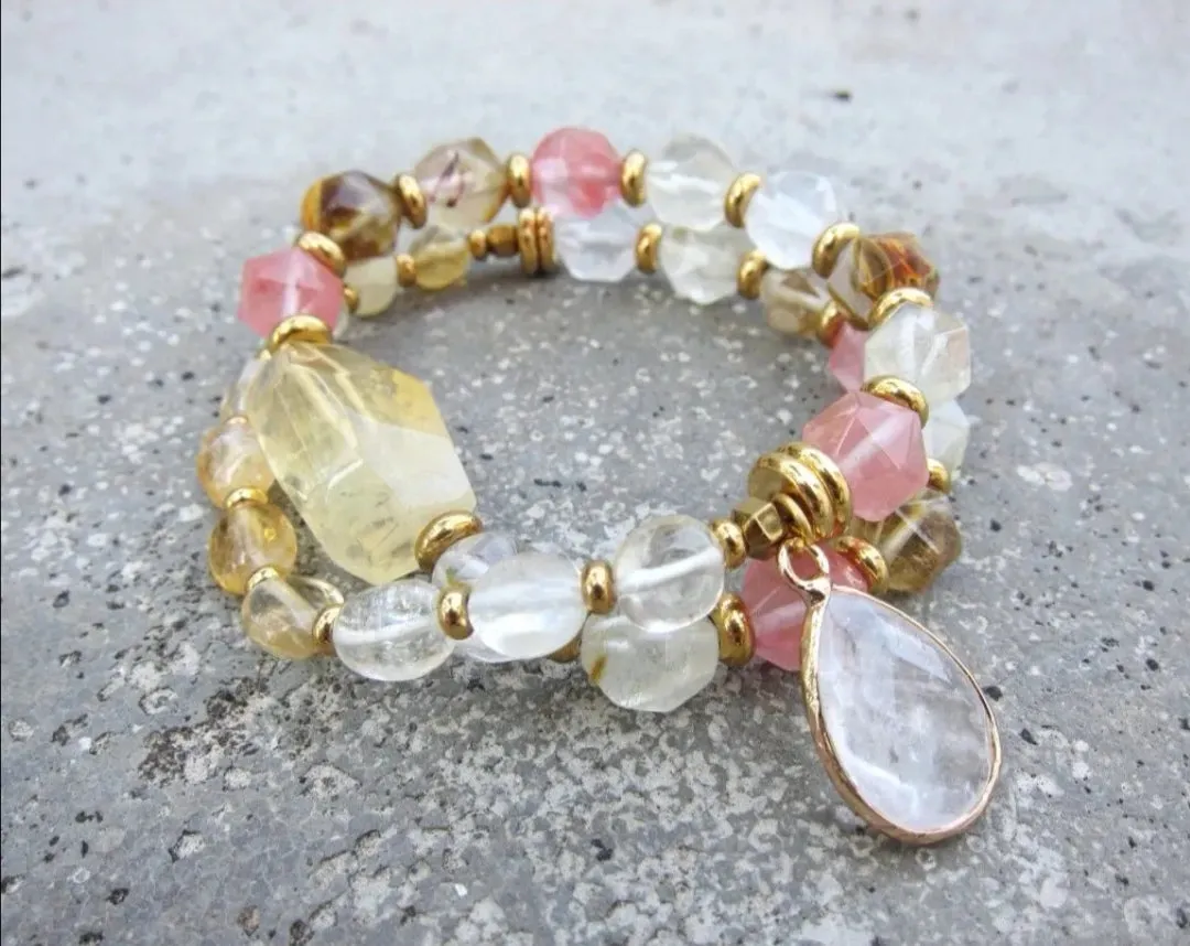 Rose Quartz, Citrine, Clear Quartz - Love and Happiness Mala Bracelet