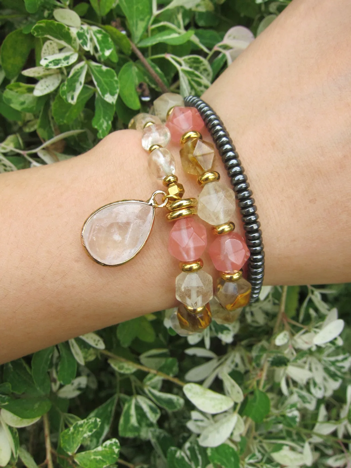 Rose Quartz, Citrine, Clear Quartz - Love and Happiness Mala Bracelet