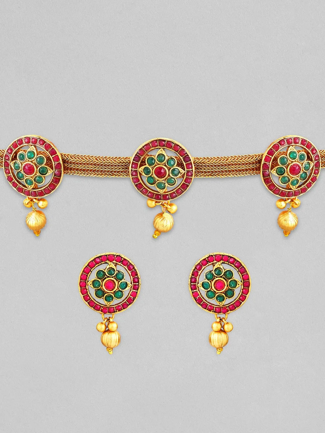 Rubans Gold Plated Handcrafted Red & Green Stone Studded Necklace Set.