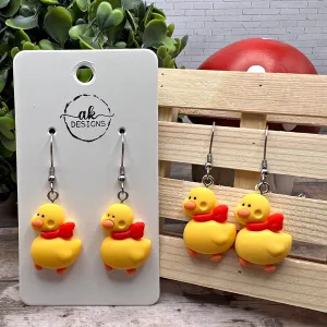 Rubber Ducky Duck in a Red Scarf Lightweight Animal Earrings, Hypoallergenic Stainless Steel Wires - Clearance - Animal