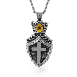 Silver Crowned Shield Cross Pendant and Chain Necklace