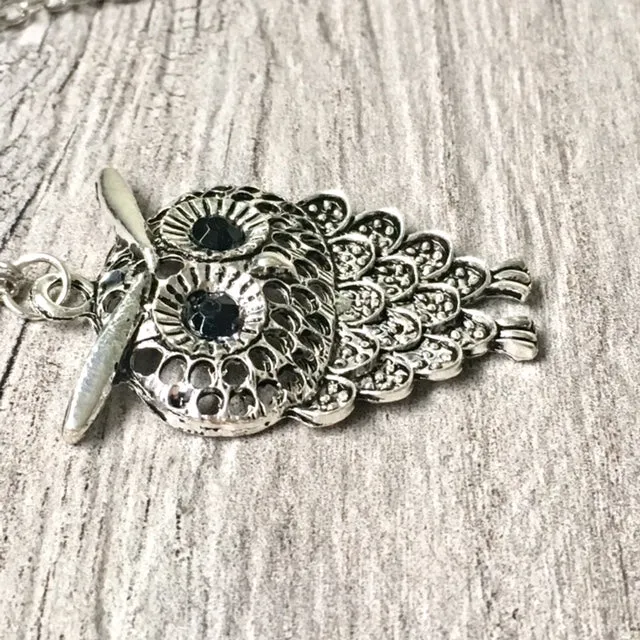 SILVER OWL BIRD PENDANT WITH LONG NECKLACE