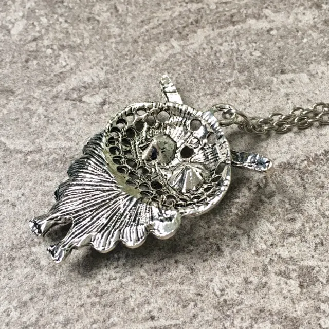 SILVER OWL BIRD PENDANT WITH LONG NECKLACE