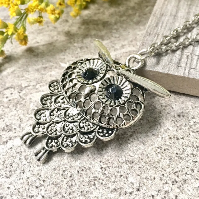 SILVER OWL BIRD PENDANT WITH LONG NECKLACE