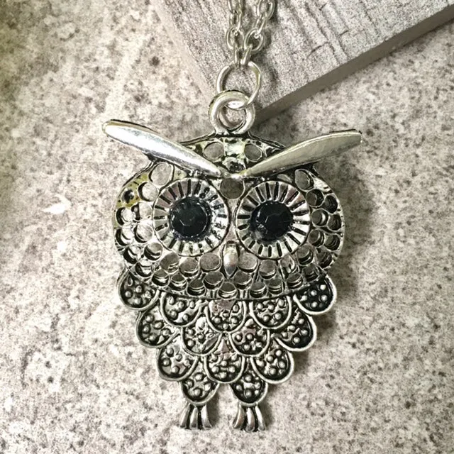 SILVER OWL BIRD PENDANT WITH LONG NECKLACE