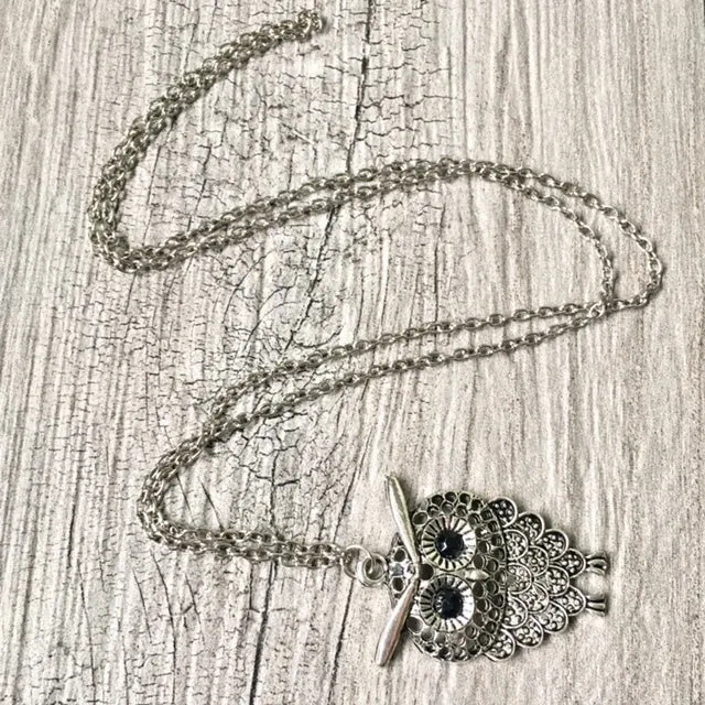 SILVER OWL BIRD PENDANT WITH LONG NECKLACE