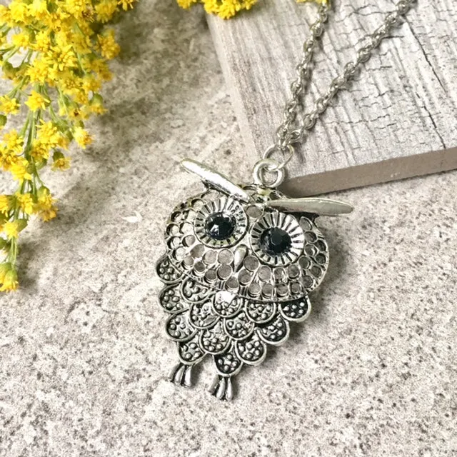 SILVER OWL BIRD PENDANT WITH LONG NECKLACE