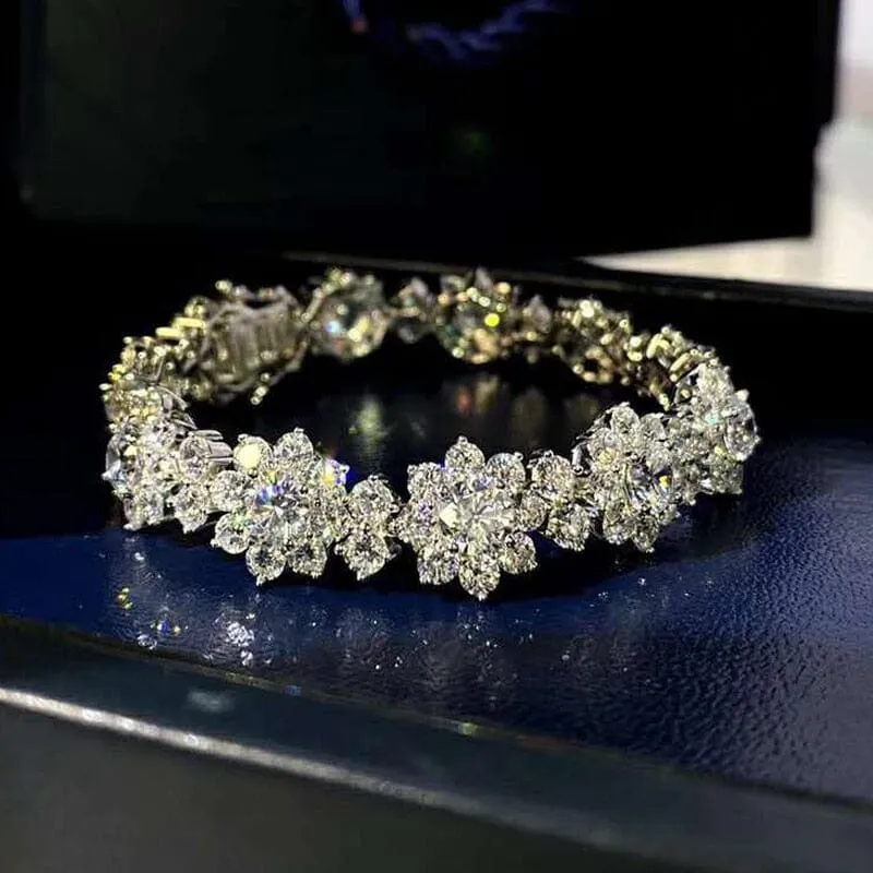 Sparkling Carbon Diamond Flowers Bracelet - 925 Sterling Silver