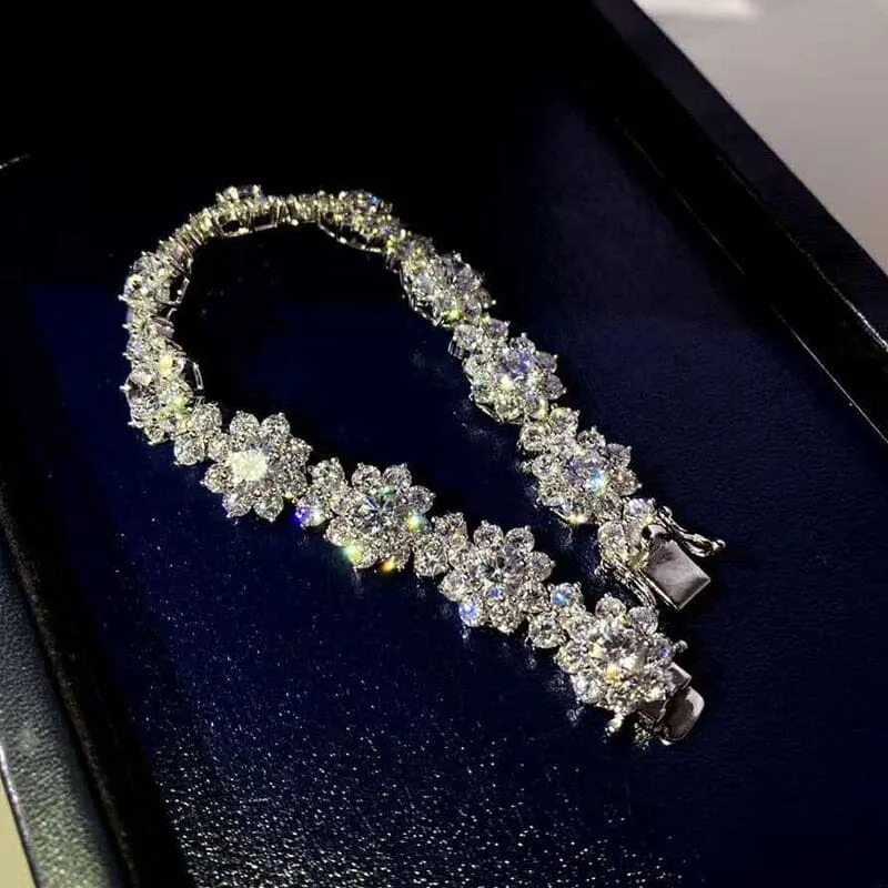 Sparkling Carbon Diamond Flowers Bracelet - 925 Sterling Silver