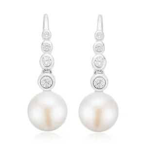 Sterling Silver Button 7.5-8mm White Fresh Water Pearls Cubic Zirconia  Drop Earrings