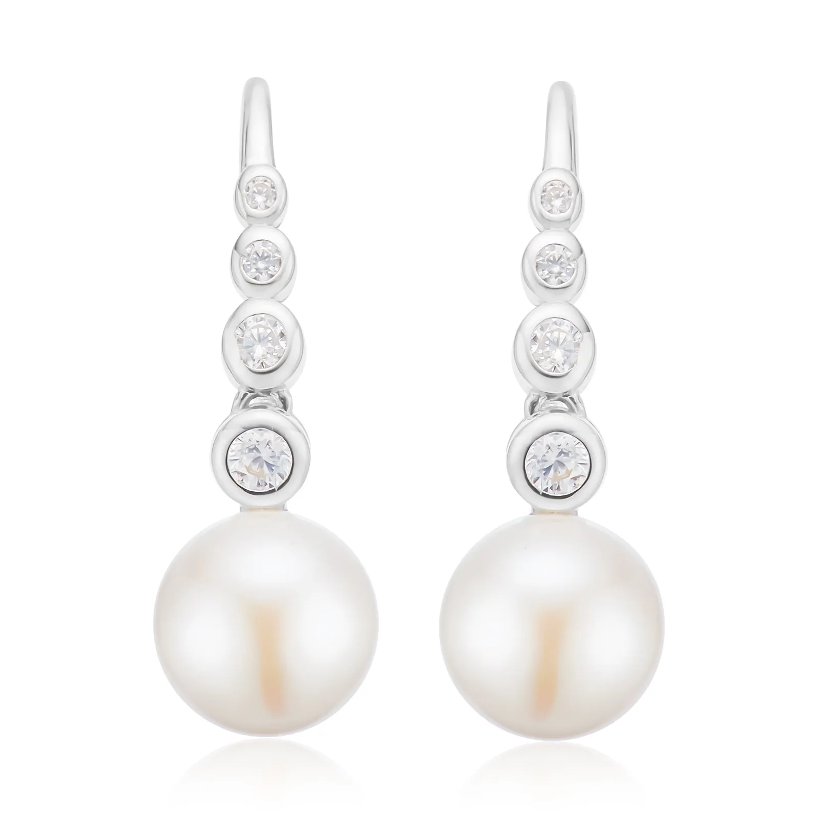 Sterling Silver Button 7.5-8mm White Fresh Water Pearls Cubic Zirconia  Drop Earrings