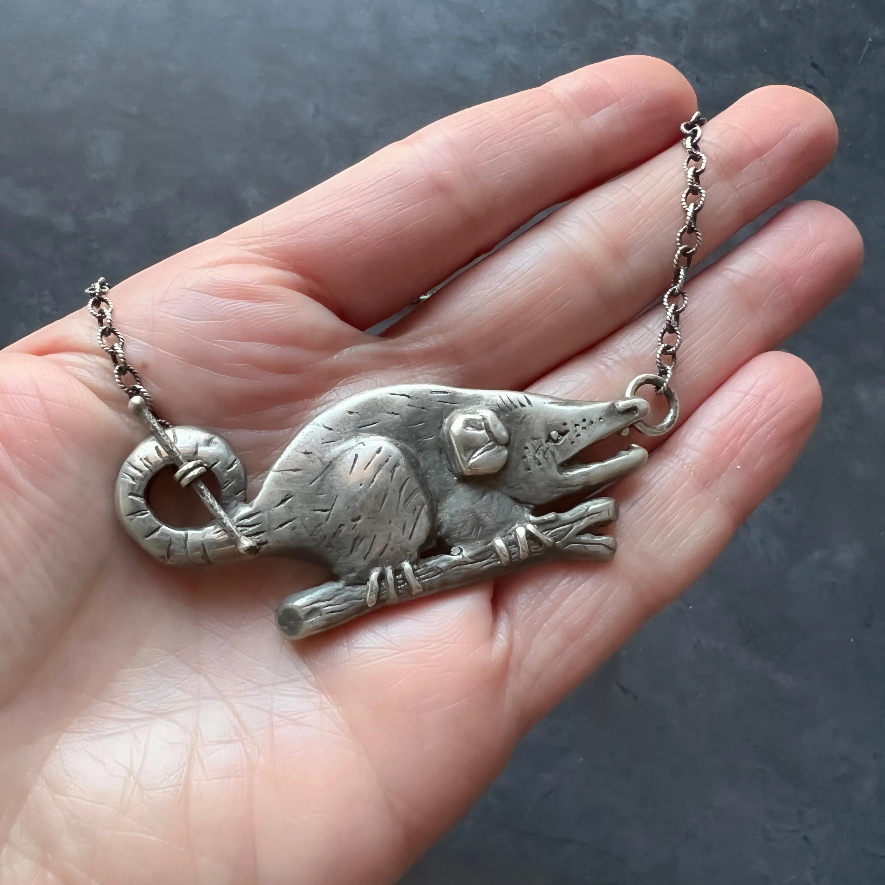 Sterling Silver Hand Carved Opossum Necklace Featuring Hand Fabricated Toggle and Textured Cable Chain -- Possum Statement Necklace