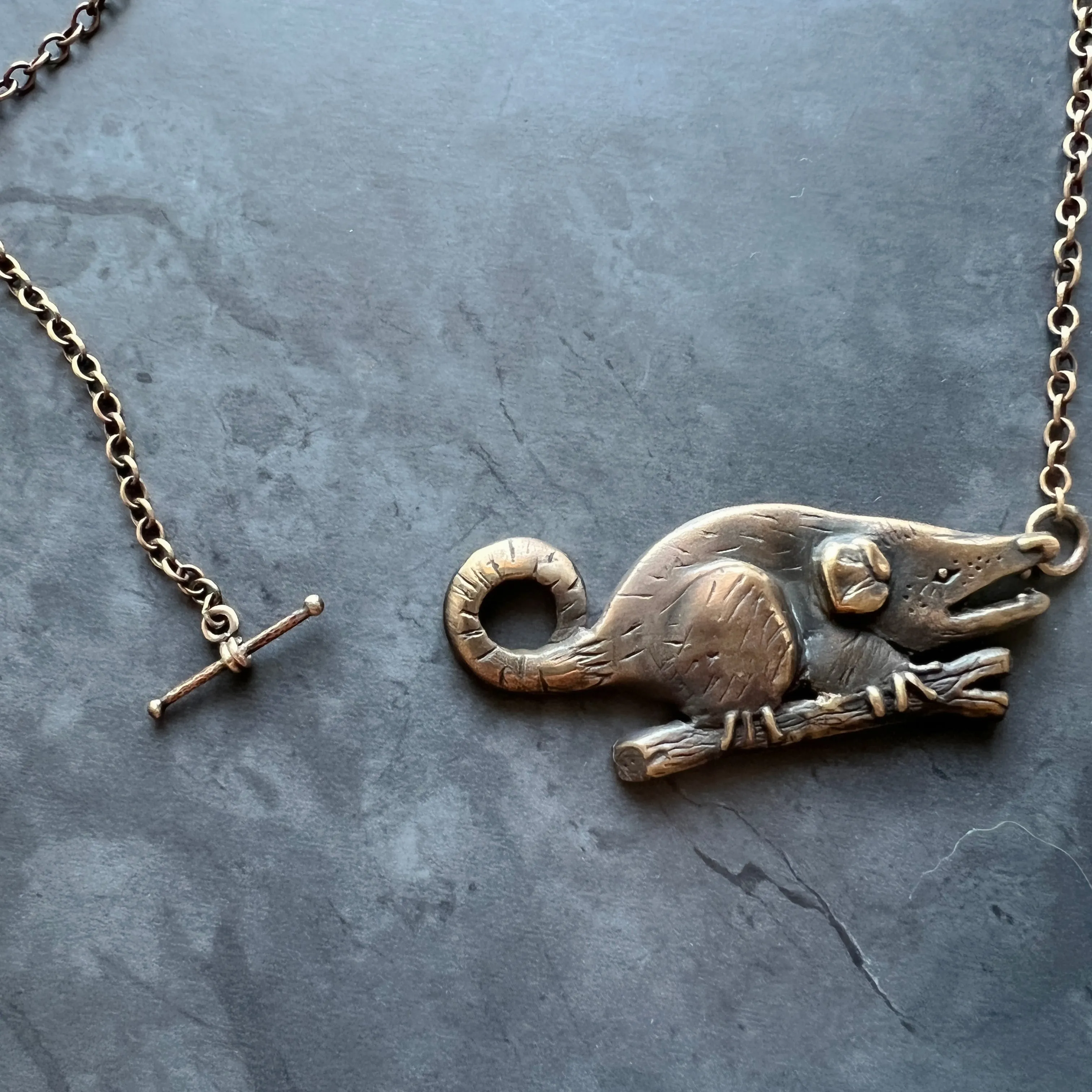 Sterling Silver Hand Carved Opossum Necklace Featuring Hand Fabricated Toggle and Textured Cable Chain -- Possum Statement Necklace