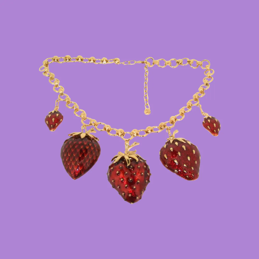 Strawberry Necklace Red Enamel Gold