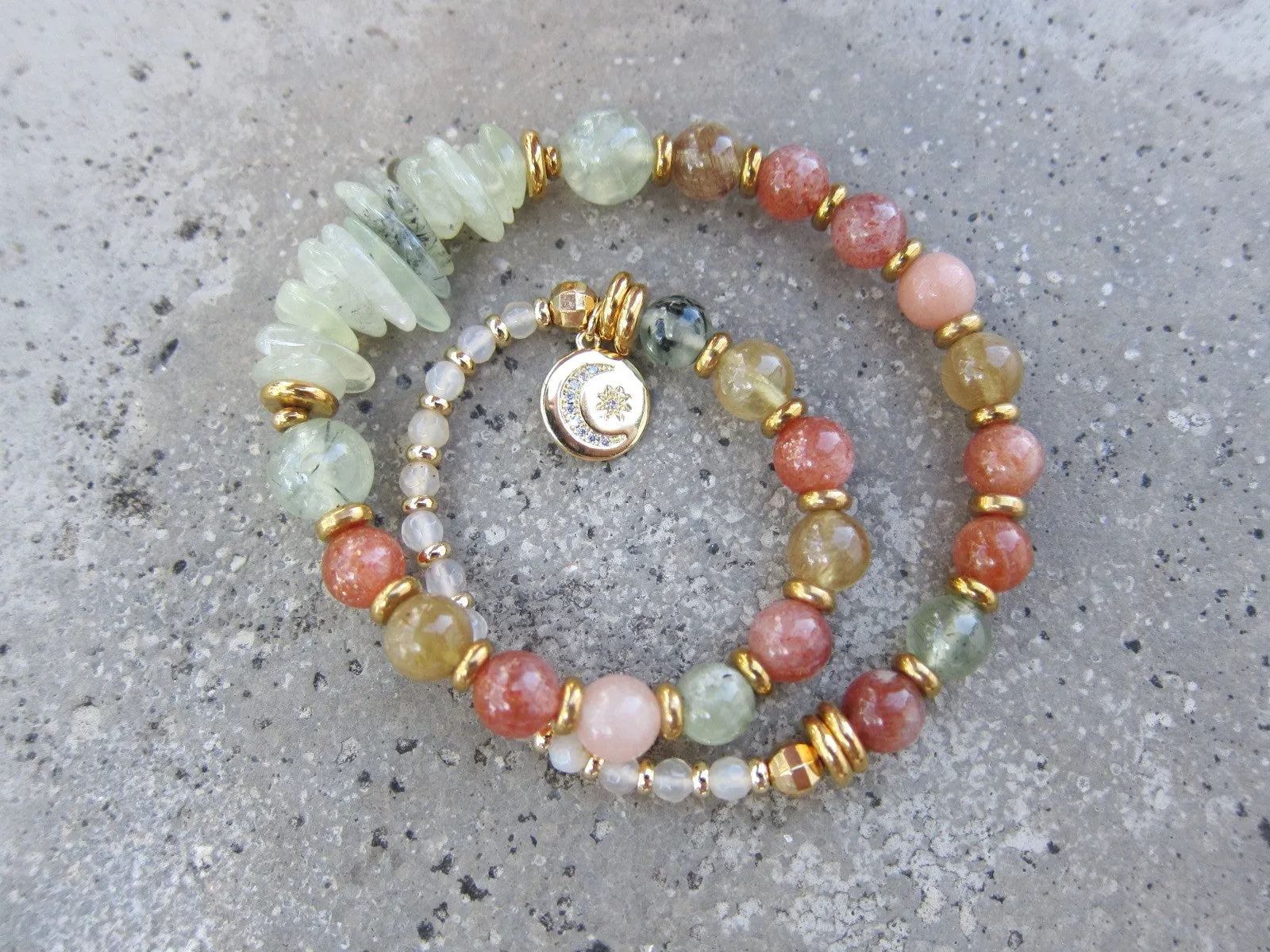 Sunstone, Prehnite Mala Bracelet in 27 Beads with Moon & Star Charm