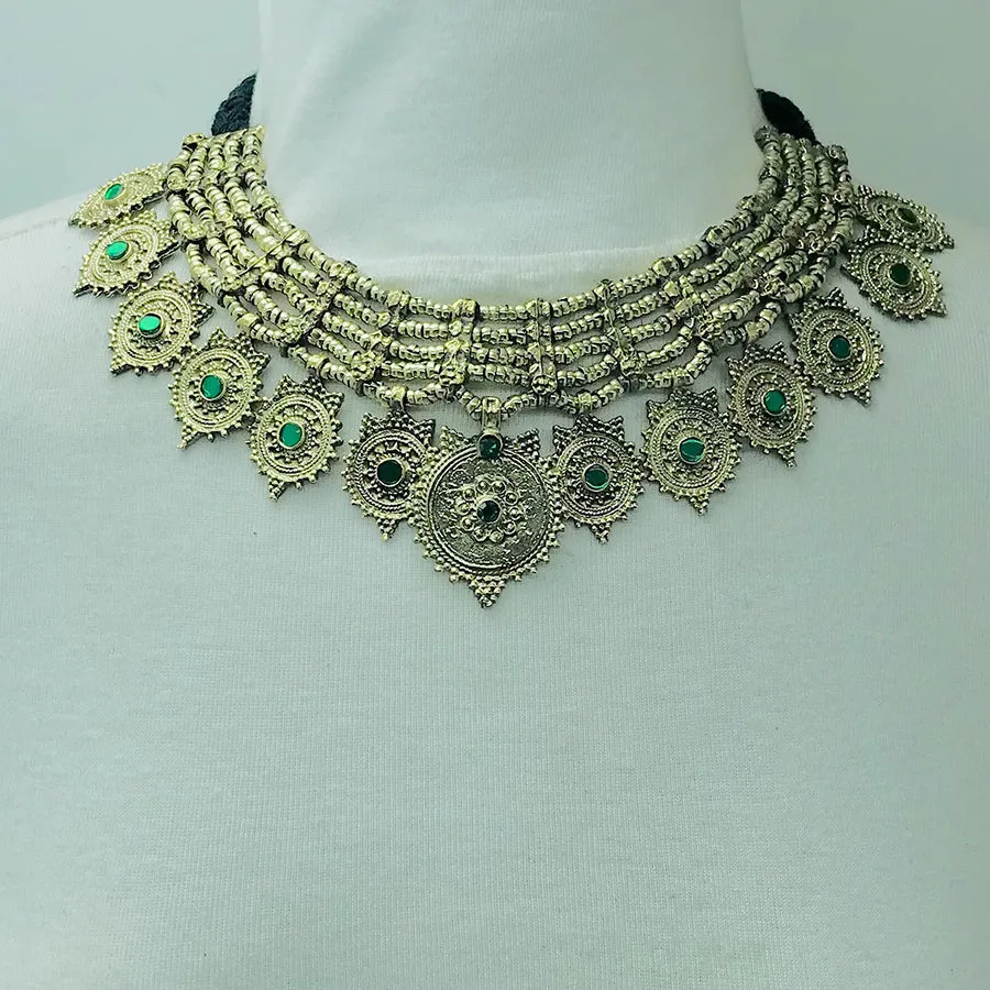 Vintage Multilayers Green Stones Coins Choker Necklace